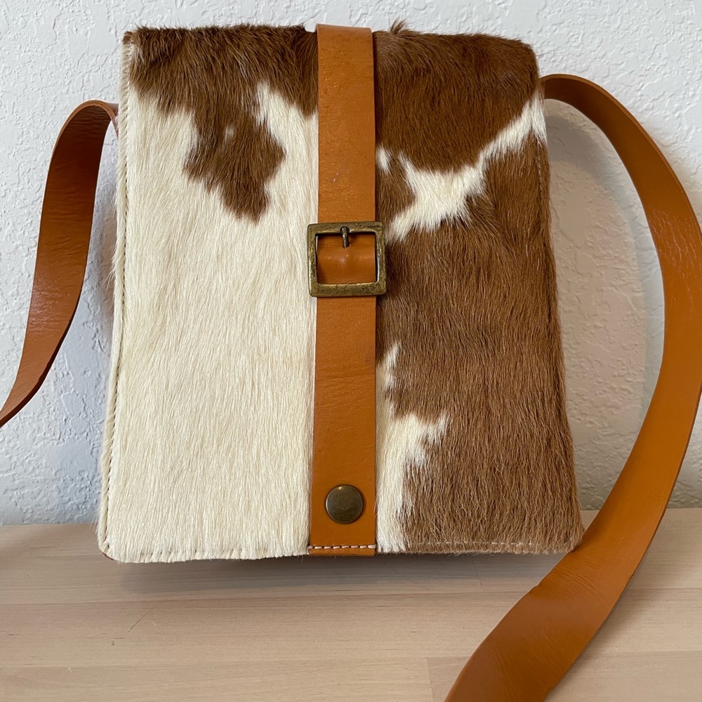 Cowhide leather crossbody purse tan and cream